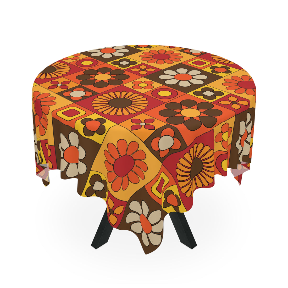 Retro 70s Mid Mod Orange, Brown, Yellow Floral Tablecloth – Vibrant Design for Your Dining Table - Mid Century Modern Gal