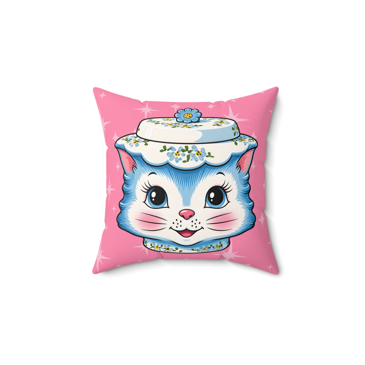 Mid Century Modern Kitschy Anthropomorphic Blue Cat with Floral Hat Pillow Cover and Insert - Mid Century Modern Gal