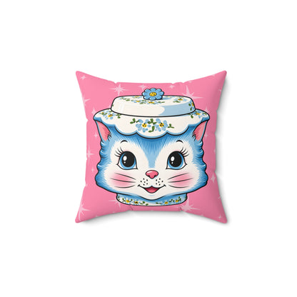 Mid Century Modern Kitschy Anthropomorphic Blue Cat with Floral Hat Pillow Cover and Insert - Mid Century Modern Gal