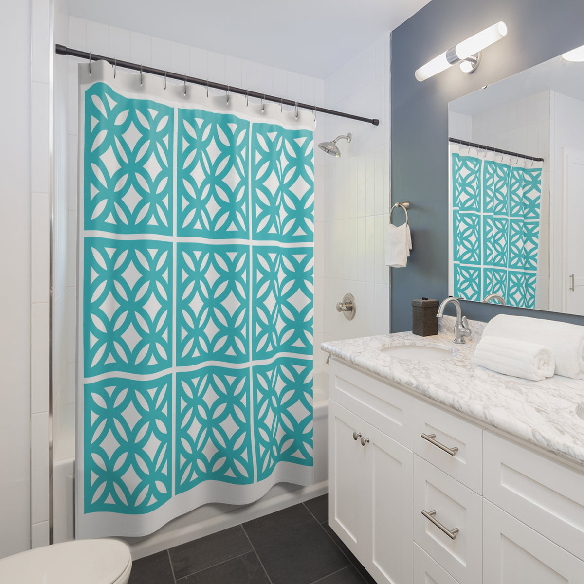 Mid Century Modern 50s Breezeblock Modern Geometric Shower Curtains, Aqua Blue Bath Decor - Mid Century Modern Gal