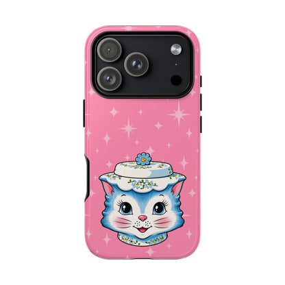 Mid Century Modern Kitschy Anthropomorphic Blue Cat with Floral Hat Tough Phone Case