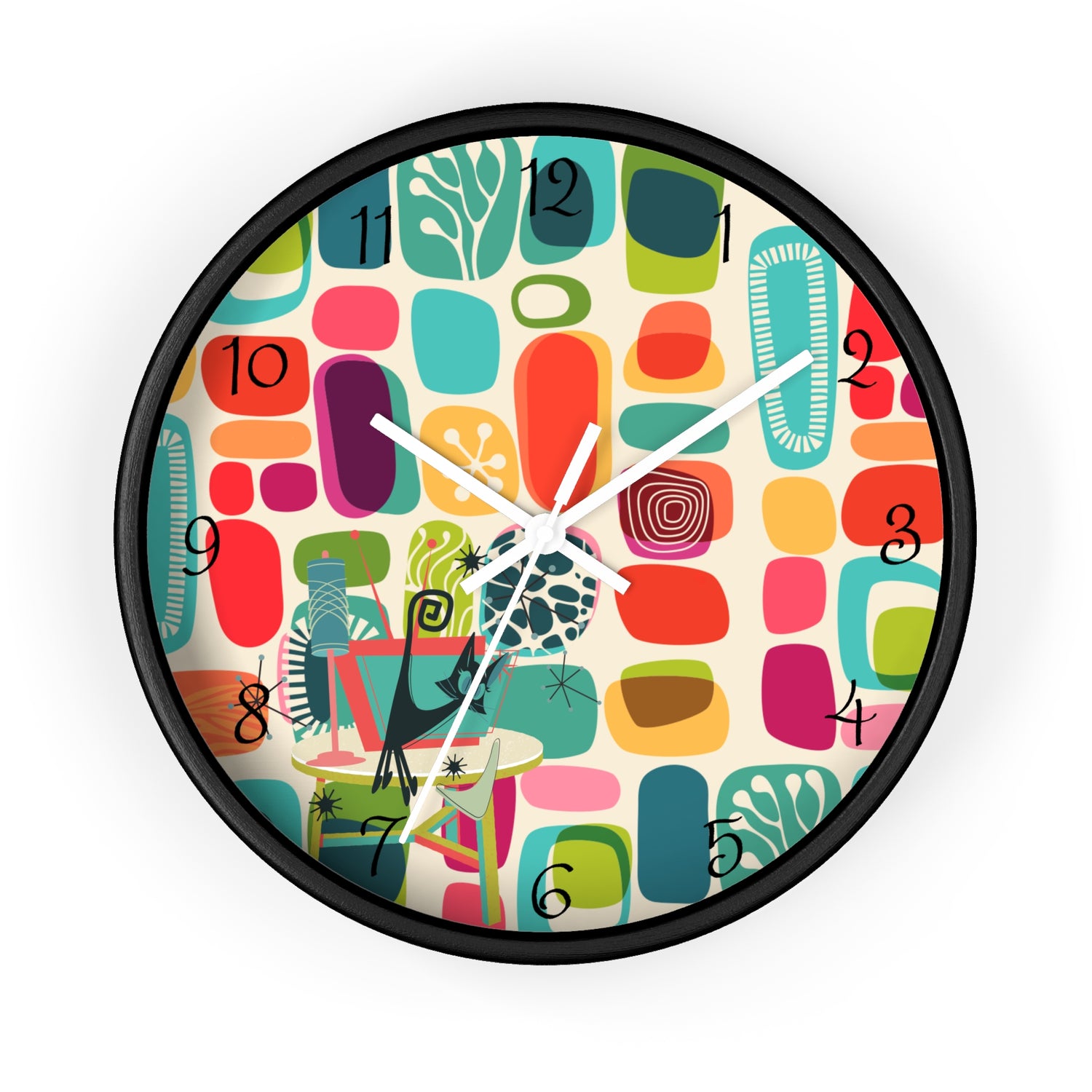 Mid Mod Amoeba Design With Kitschy Atomic Cat, Quirky Fun Retro Wall Clock