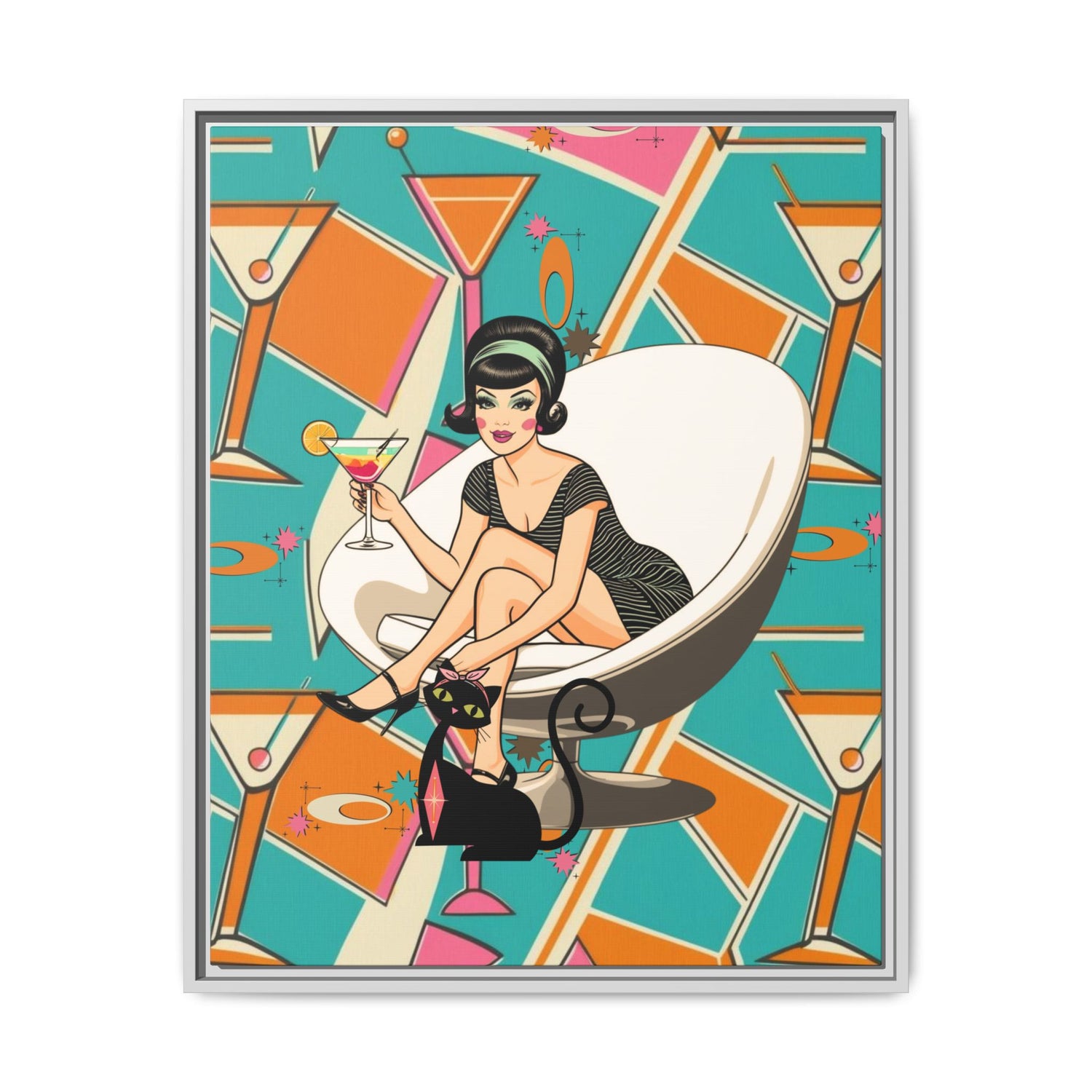 Mid Mod 60s Gal, Atomic Cat Barware Wall Art - Framed Matte Canvas with Vintage Cocktail And Retro Cat Design - Mid Century Modern Gal