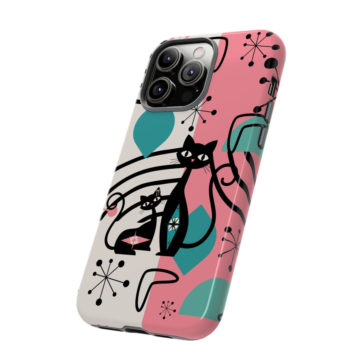 Mid Mod Atomic Cat Boomerang Starburst, Pink, Black Kitschy Stylish Cat Phone Case: Modern Design for Cat Lovers