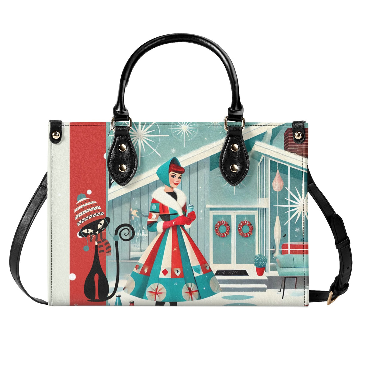 Atomic Cat, Mod Gal Winter Seasonal Handbag, Shoulder Bag Hip Trendy Apparel For The Season - Mid Century Modern Gal