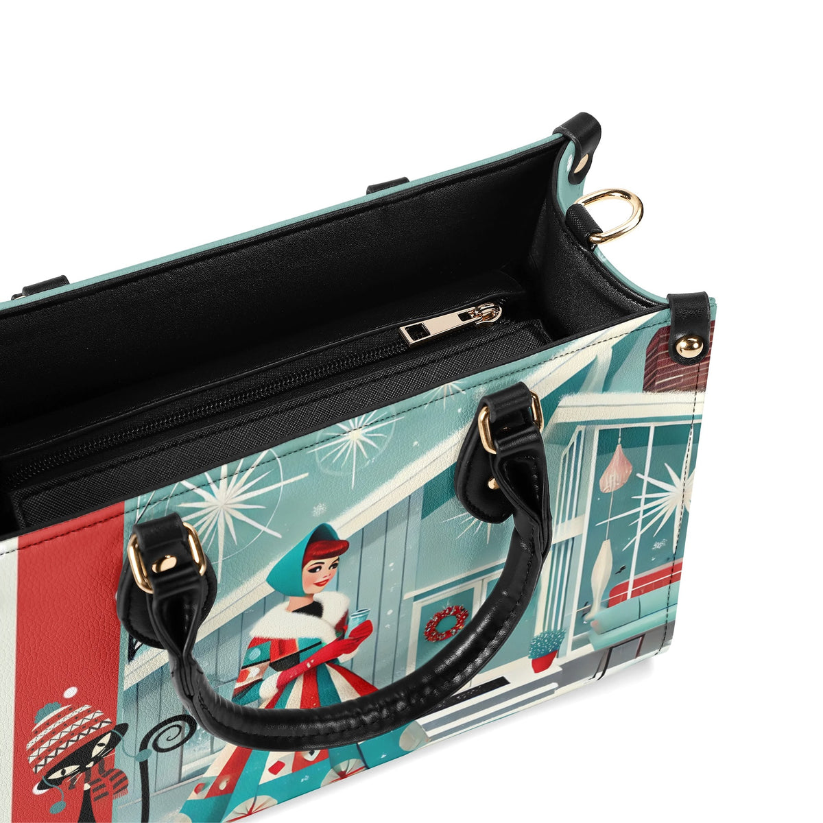 Atomic Cat, Mod Gal Winter Seasonal Handbag, Shoulder Bag Hip Trendy Apparel For The Season - Mid Century Modern Gal