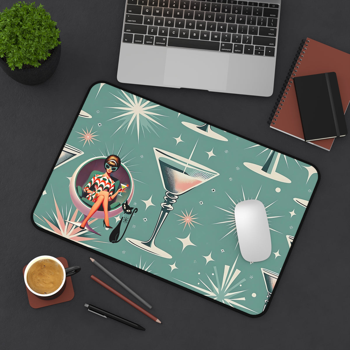 Mid Mod 60s Gal Martini Lover, Atomic Cat Retro Kitsch Desk Mat - Mid Century Modern Gal