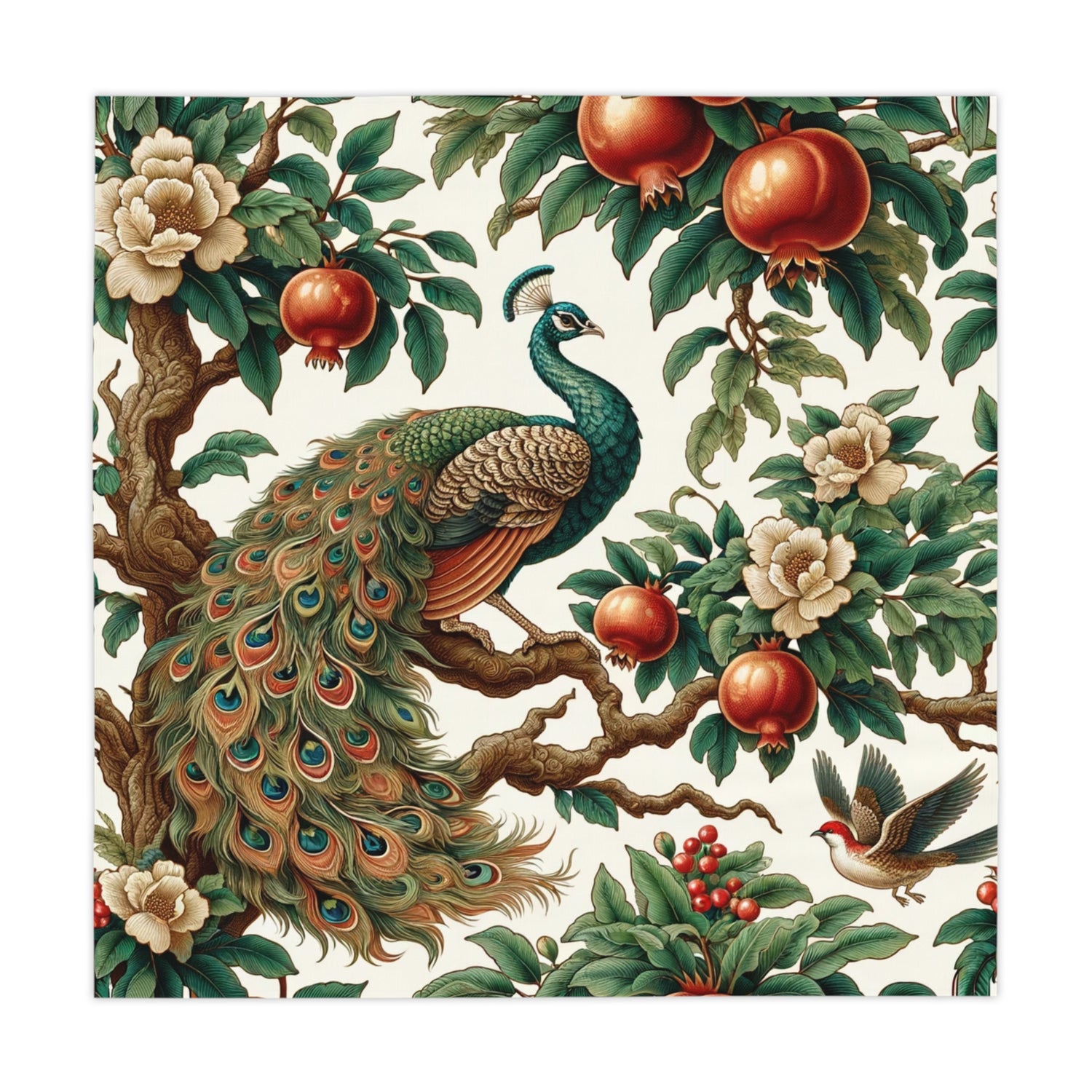 Asian Chinoiserie Peacock Floral Green Tablecloth, Vintage Roses On Pomegranate Tree Chinoiserie Fits Round or Square Table