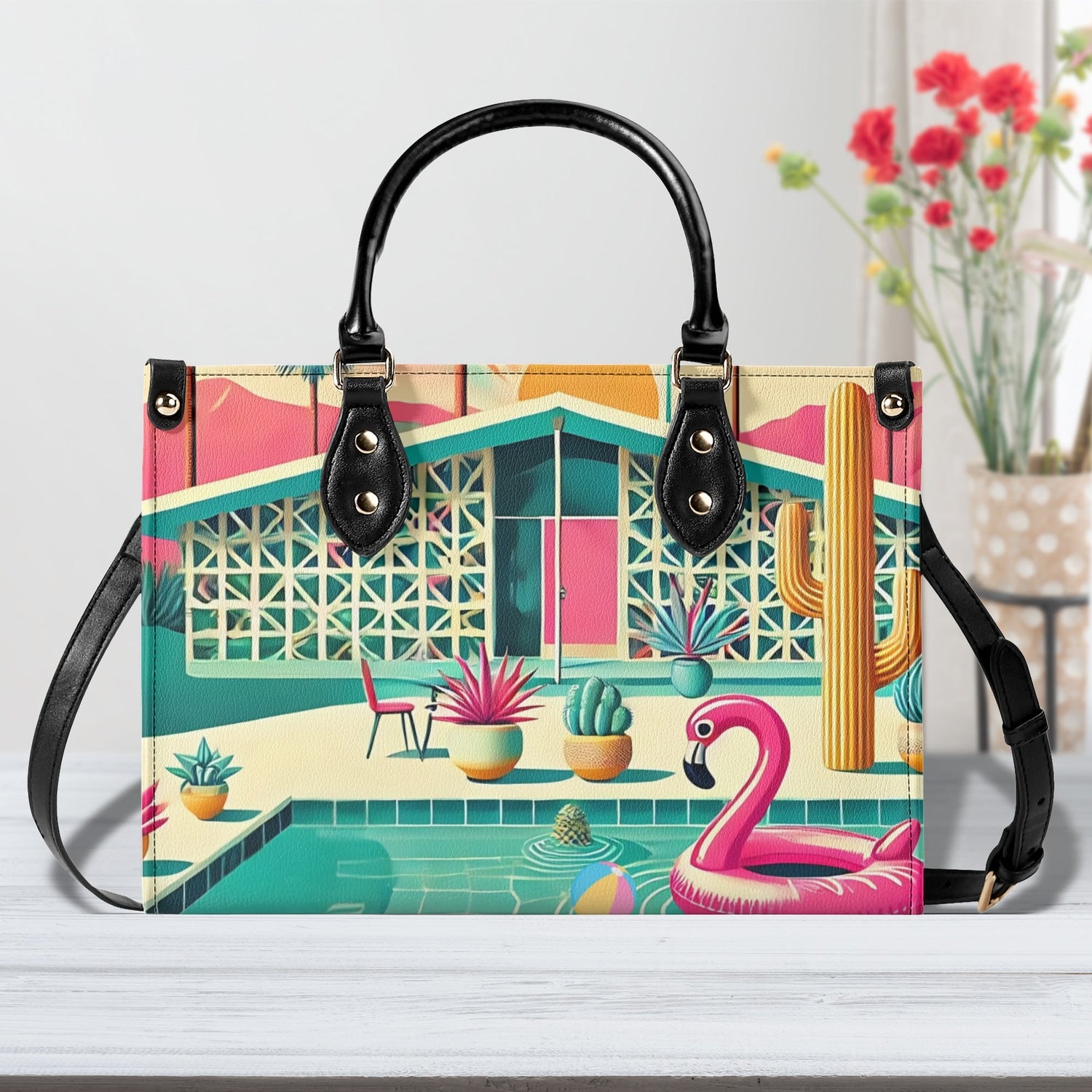 Mid Century Modern Gal Signature Palm Spring Cali Kitschy Flamingo Handbag - Mid Century Modern Gal
