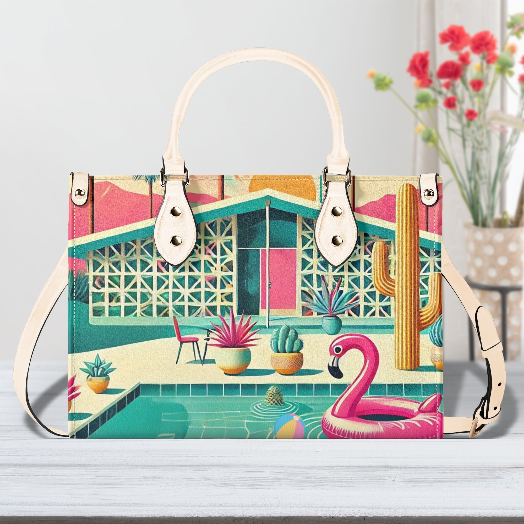 Mid Century Modern Gal Signature Palm Spring Cali Kitschy Flamingo Handbag - Mid Century Modern Gal