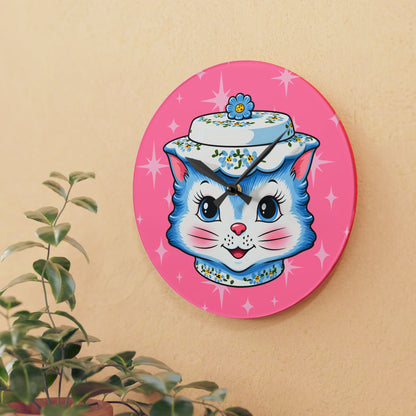 Mid Century Modern Kitschy Anthropomorphic Blue Cat with Floral Hat Acrylic Wall Clock
