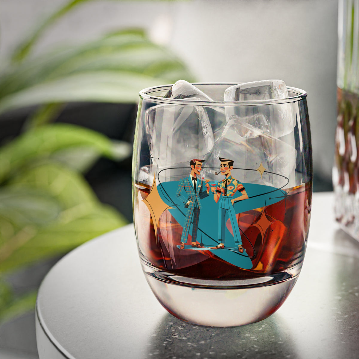 Mid Mod Gay Male Pals, LGBTQ Male Gay Couple Whiskey Glass - Mid Century Modern Gal