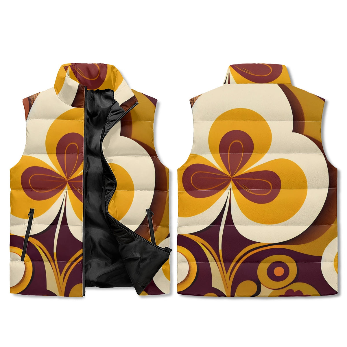 Hip Mod Retro Groovy Brown Gold, Hipster Unisex Lightweight Collar Zip Up Puffer Vest - Mid Century Modern Gal