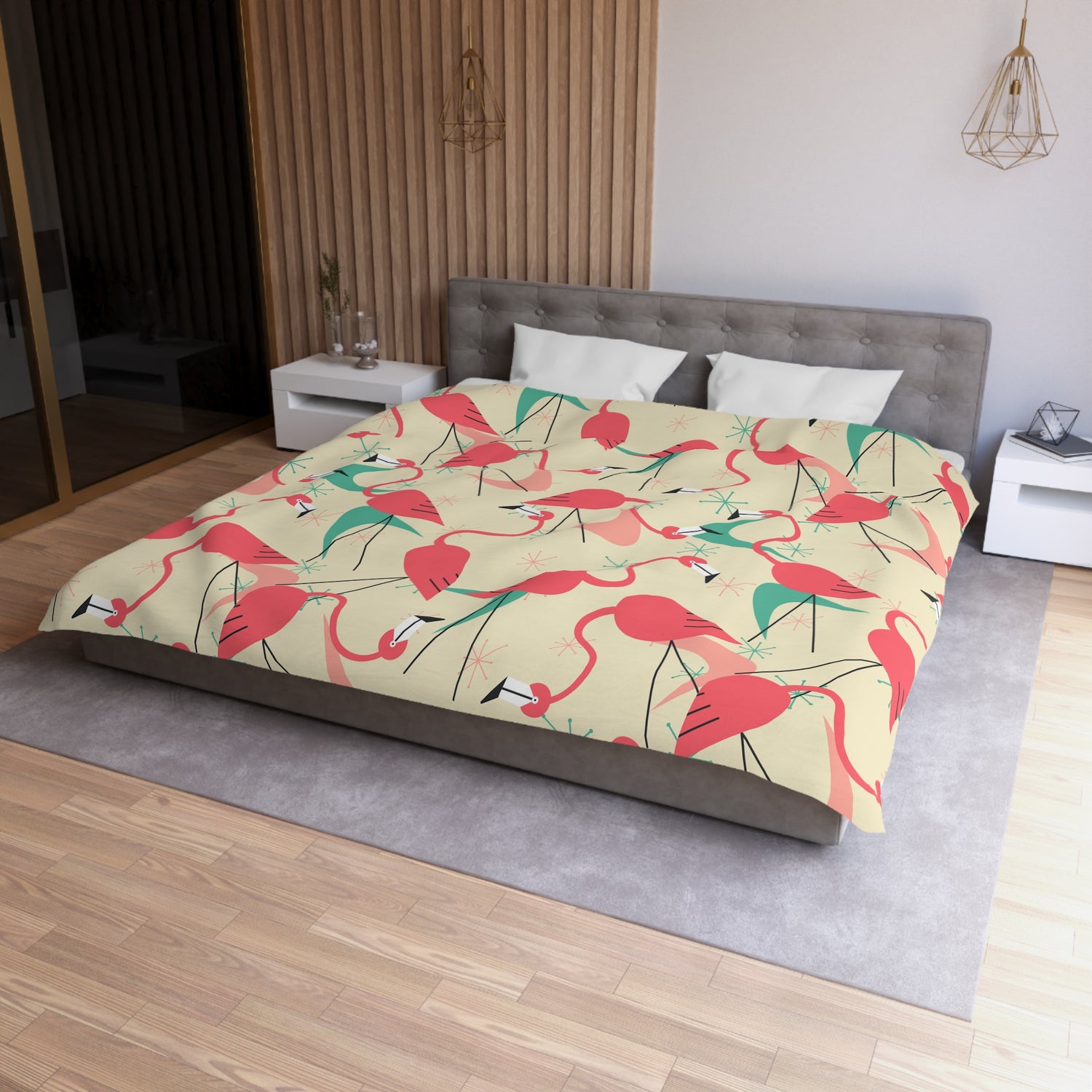 Palm Springs California Kitschy Quirky Dancing Tropical Flamingos Duvet Cover - Fun Summer Bedding - Mid Century Modern Gal