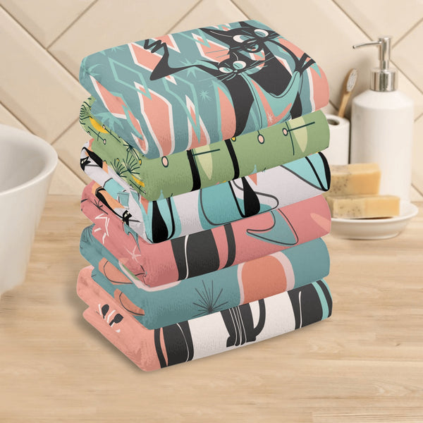 Atomic Cat, Kitschy  Bathroom, Kitchen Hand Towels 6 Pcs
