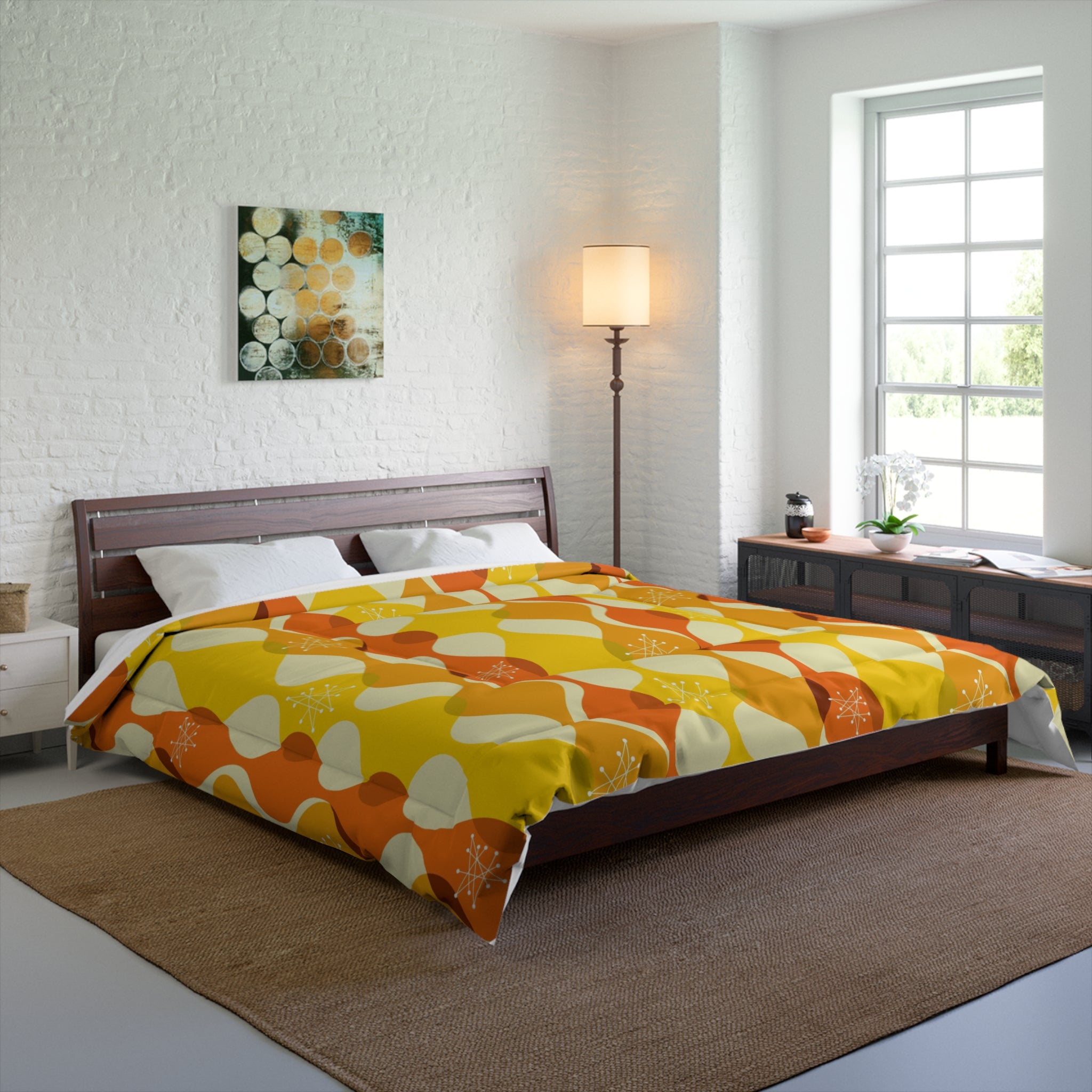Retro Groovy Mid Century Modern Orange, Yellow Modern Boho Microfiber King Size Comforter - Mid Century Modern Gal