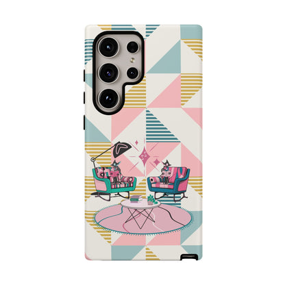 Atomic Cats Reading, Book Talk, Book Lover, Retro Chic Phone Case with Retro Vibe - Cozy Living Room Design - Mid Century Modern Gal