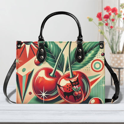 Retro Cherry Print Handbag Mid Century Modern Gal Signature Atomic Cat, Atomic Kitschy Handbag, Shoulder Bag