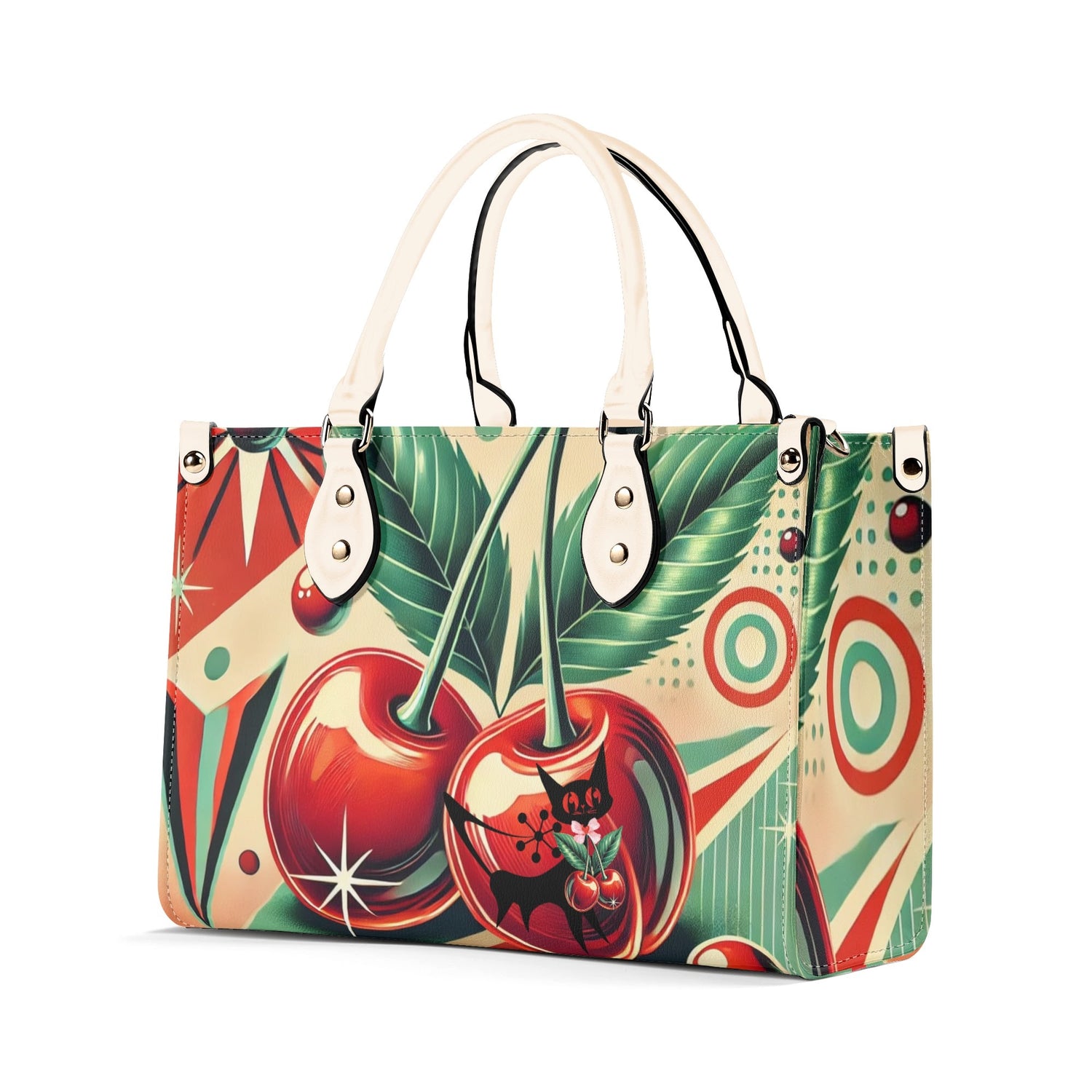 Retro Cherry Print Handbag Mid Century Modern Gal Signature Atomic Cat, Atomic Kitschy Handbag, Shoulder Bag