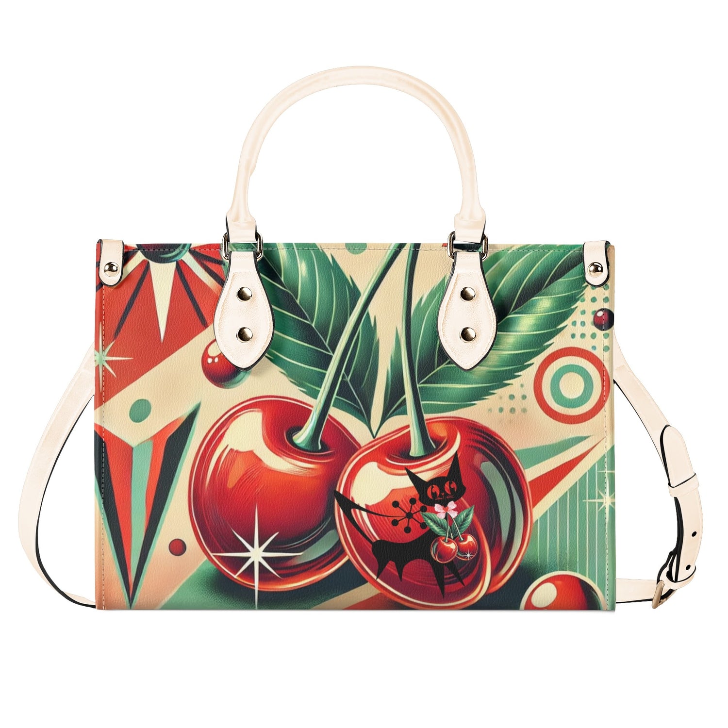 Retro Cherry Print Handbag Mid Century Modern Gal Signature Atomic Cat, Atomic Kitschy Handbag, Shoulder Bag