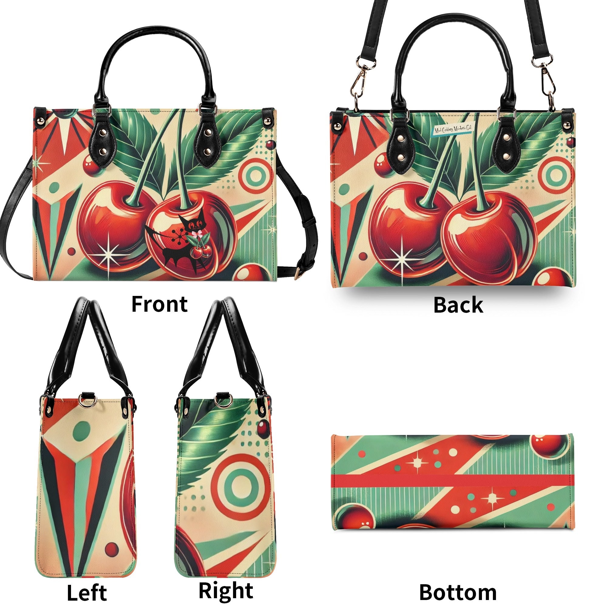 Retro Cherry Print Handbag Mid Century Modern Gal Signature Atomic Cat, Atomic Kitschy Handbag, Shoulder Bag