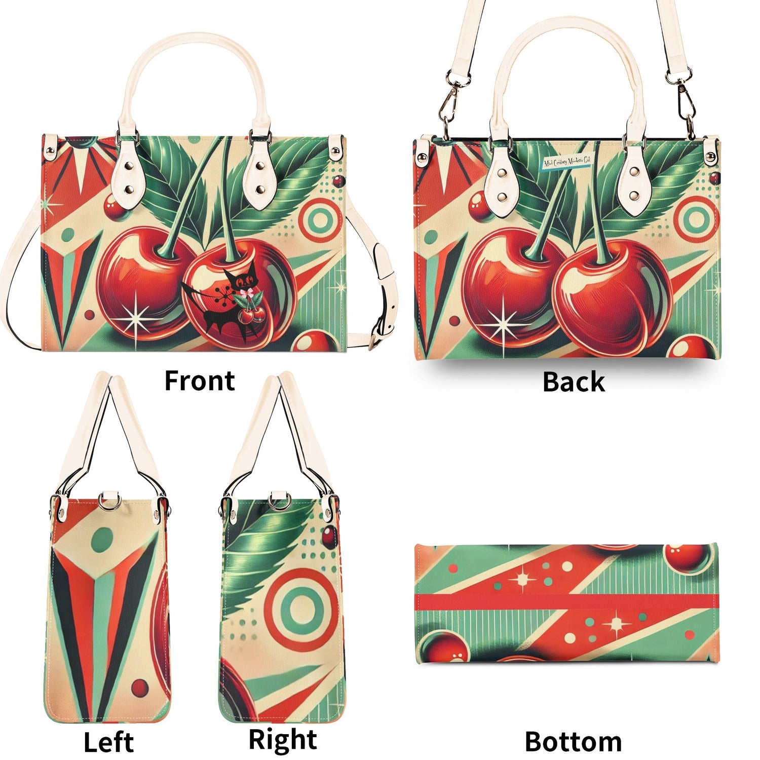 Retro Cherry Print Handbag Mid Century Modern Gal Signature Atomic Cat, Atomic Kitschy Handbag, Shoulder Bag