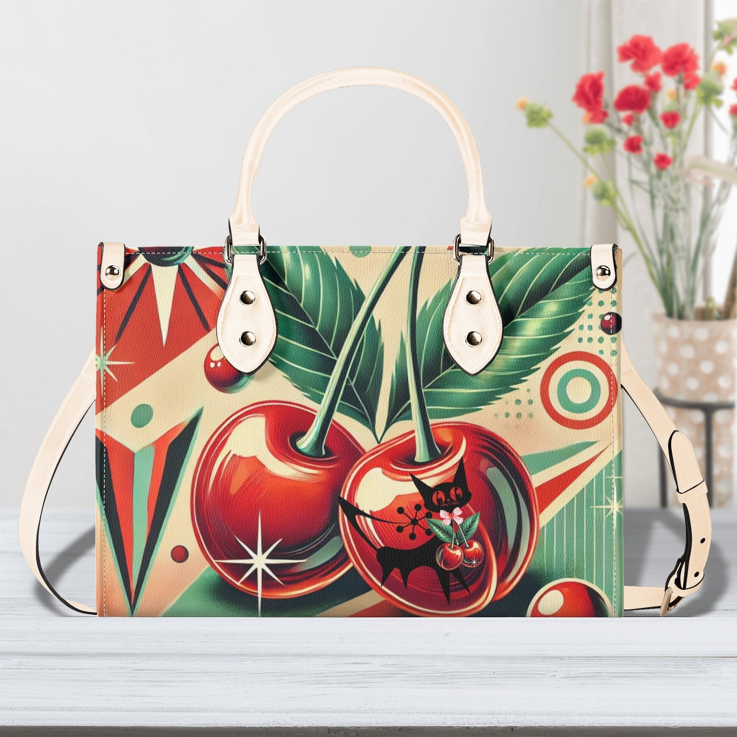 Retro Cherry Print Handbag Mid Century Modern Gal Signature Atomic Cat, Atomic Kitschy Handbag, Shoulder Bag