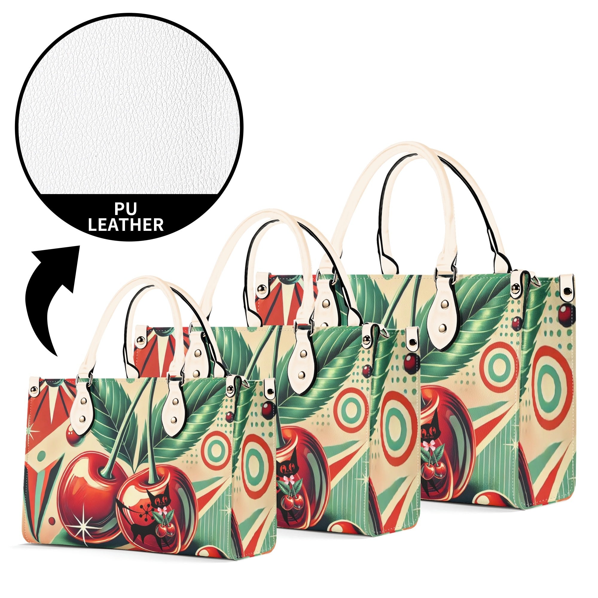 Retro Cherry Print Handbag Mid Century Modern Gal Signature Atomic Cat, Atomic Kitschy Handbag, Shoulder Bag