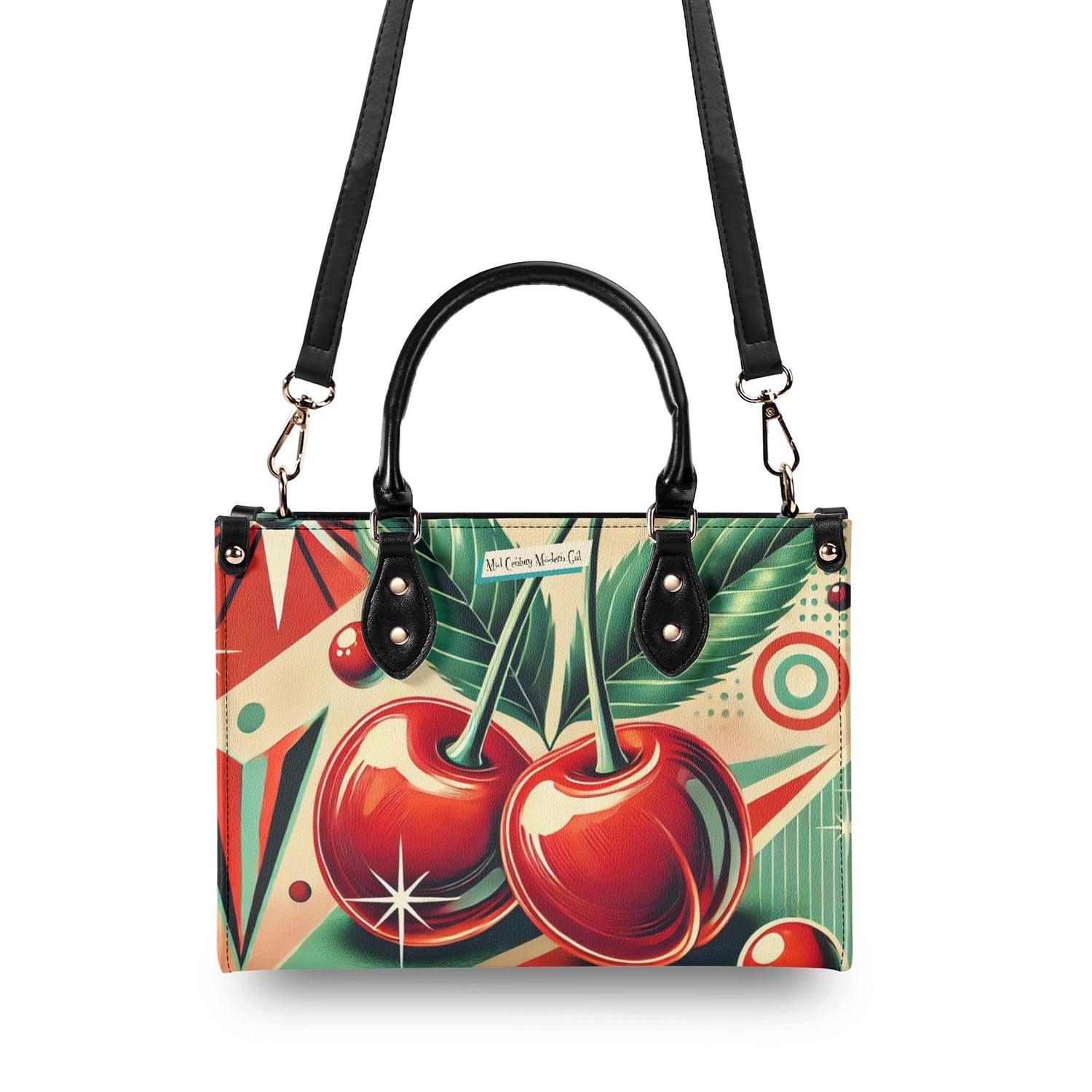 Retro Cherry Print Handbag Mid Century Modern Gal Signature Atomic Cat, Atomic Kitschy Handbag, Shoulder Bag