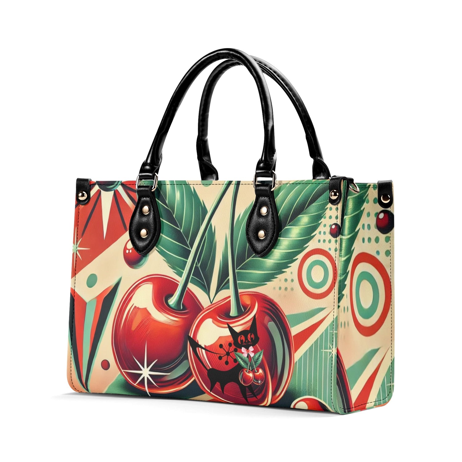 Retro Cherry Print Handbag Mid Century Modern Gal Signature Atomic Cat, Atomic Kitschy Handbag, Shoulder Bag