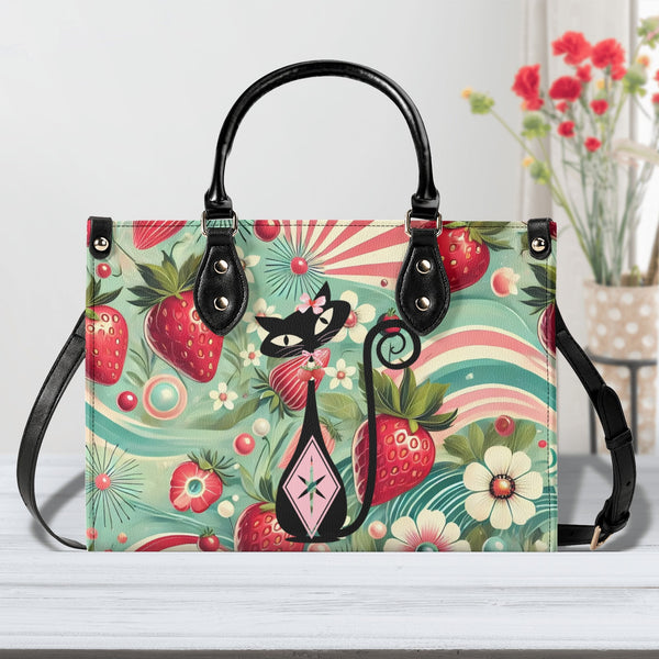 Strawberry Purse, Mid Century Modern Gal Atomic Cat, Atomic Kitschy Handbag, Shoulder Bag