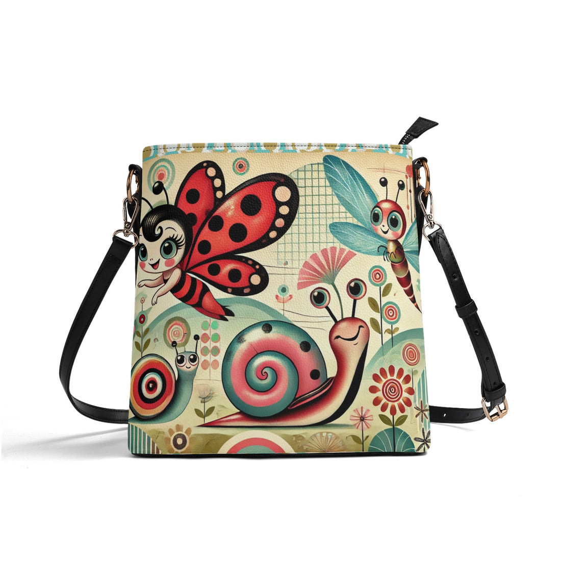 Anthropomorphic Catepillar Garden Pixies, Retro Mod 60s Bucket Bag - Mid Century Modern Gal