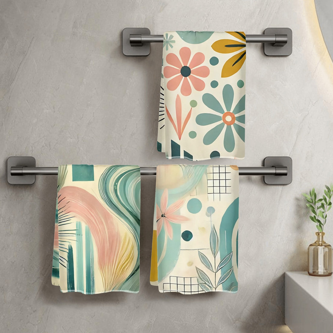 Retro Floral Boho Style Bath, Kitchen Towels 3 Piece Set - Mid Century Modern Gal