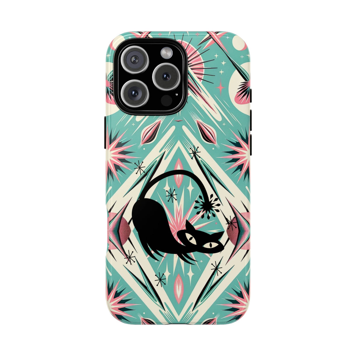 Atomic Cat, Mid Century Modern Aqua Blue, Pink, Starbursts Tough Phone Case
