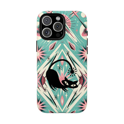 Atomic Cat, Mid Century Modern Aqua Blue, Pink, Starbursts Tough Phone Case
