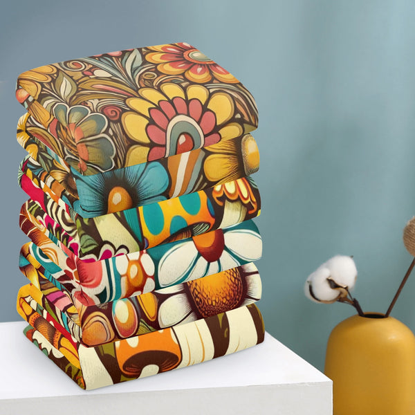 Groovy Mushroom 50s Flower Power Mod Daisy Retro Bathroom, Kitchen Hand Towels Set of 6