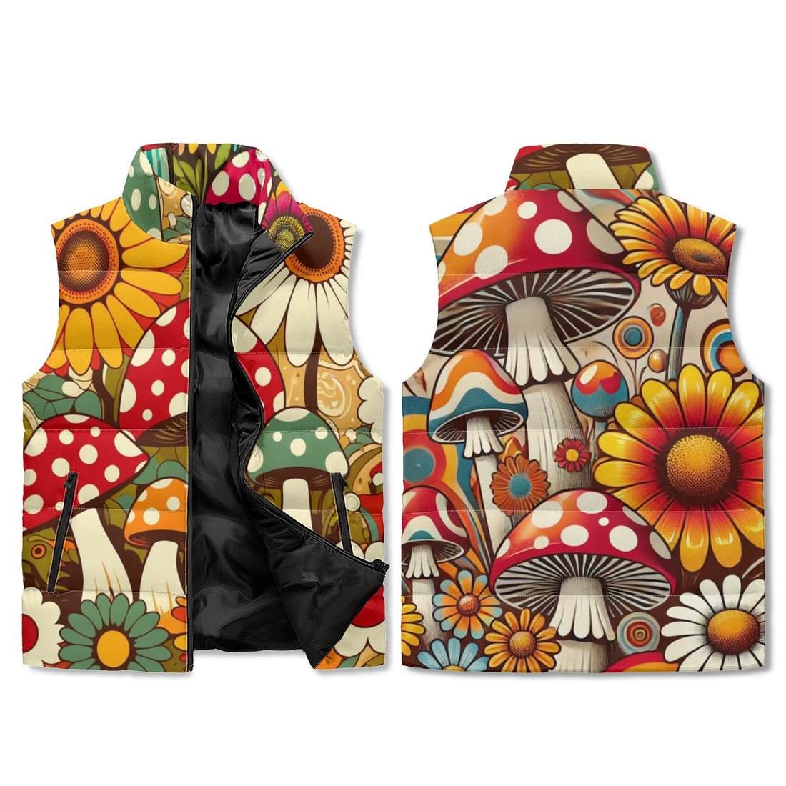 Merry Mushrooms Groovy Retro Puffer Vest, Retro Fun And Funky Style - Mid Century Modern Gal