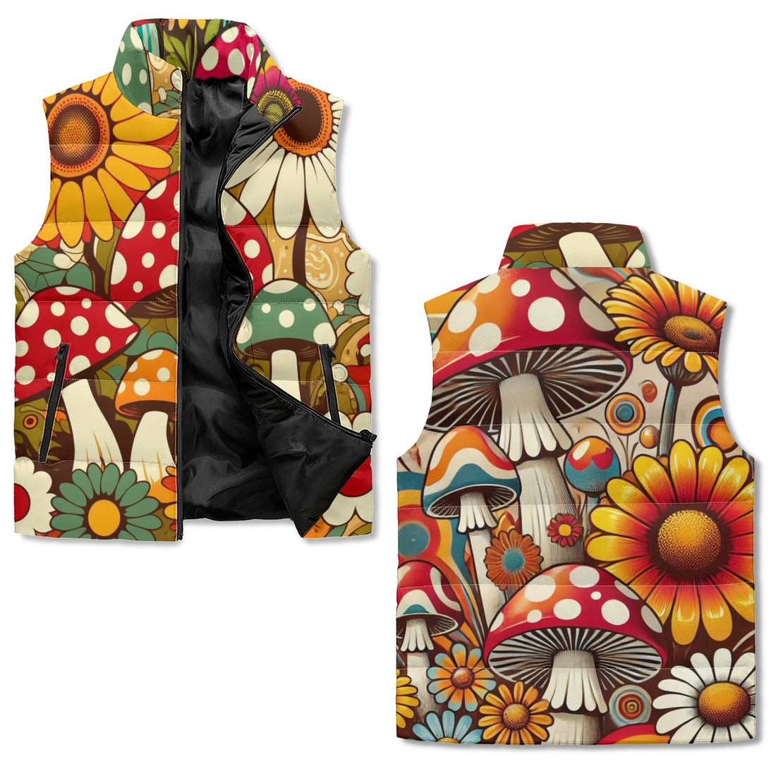 Merry Mushrooms Groovy Retro Puffer Vest, Retro Fun And Funky Style - Mid Century Modern Gal