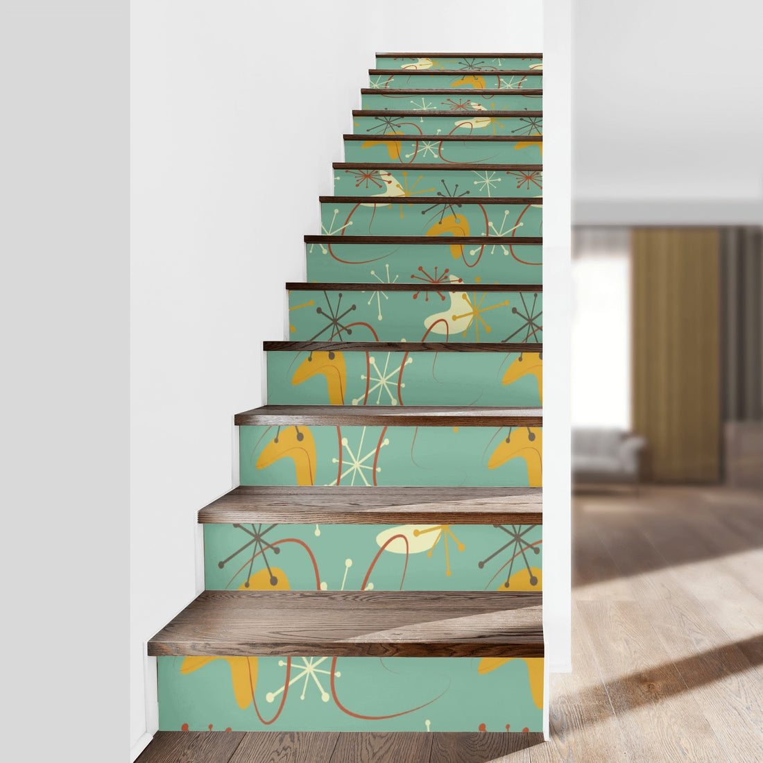 Mid Century Modern Atomic Boomerange Green, Mustard Yellow Starburst Designed Stair Riser Peel And Stick