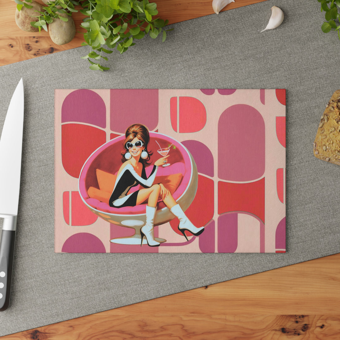Mid Mod 60s Retro Gal, Cocktail Hour, MCM Barware Glass Cutting Board - Mid Century Modern Gal
