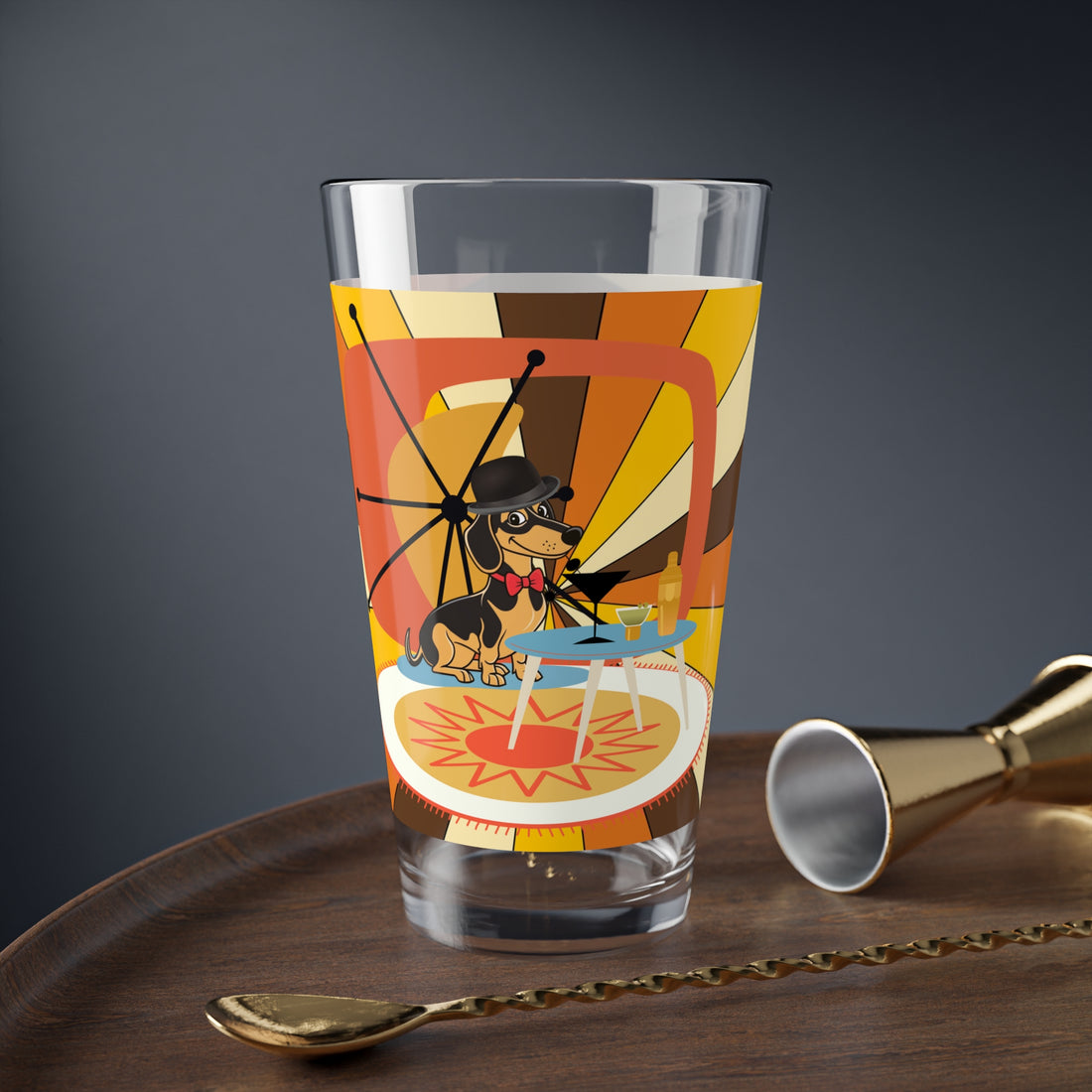 Retro Doxie Weiner Dog, Dachshund Groovy Mod Vintage Cocktail Mixing Glass with Playful Dog Design - 16oz - Mid Century Modern Gal