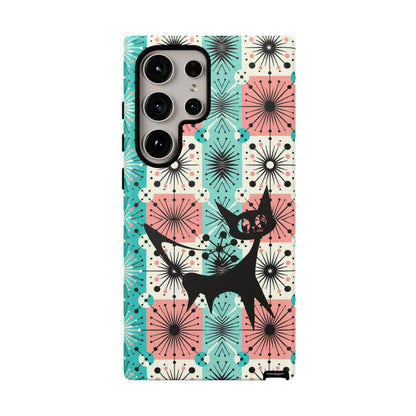 Atomic Kitschy Cat, Mid Century Modern Pink, Aqua Starbursts Tough Phone Case