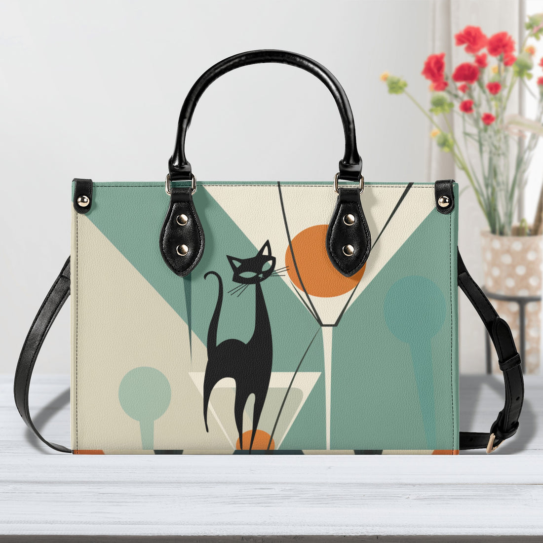 Mid Century Modern Atomic Martini Cat, Kitschy Retro Gal Handbag, Shoulder Bag