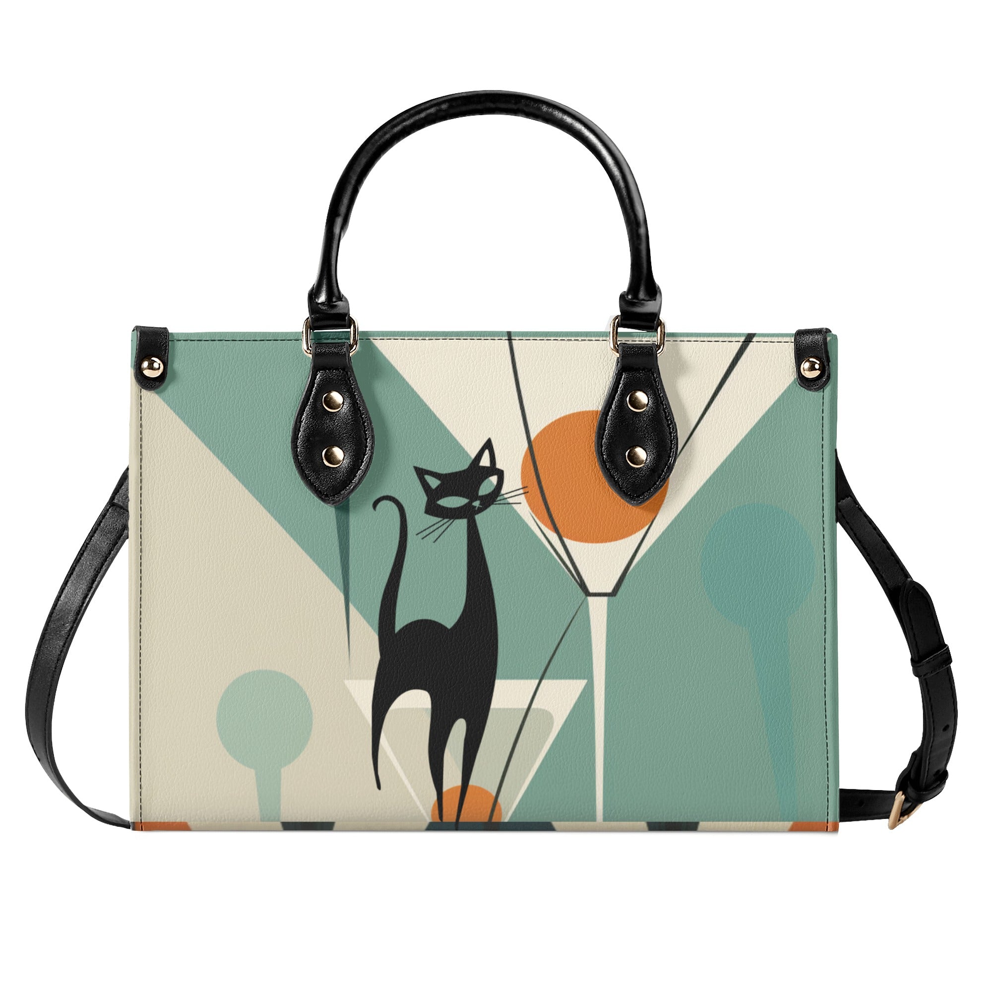 Mid Century Modern Atomic Martini Cat, Kitschy Retro Gal Handbag, Shoulder Bag