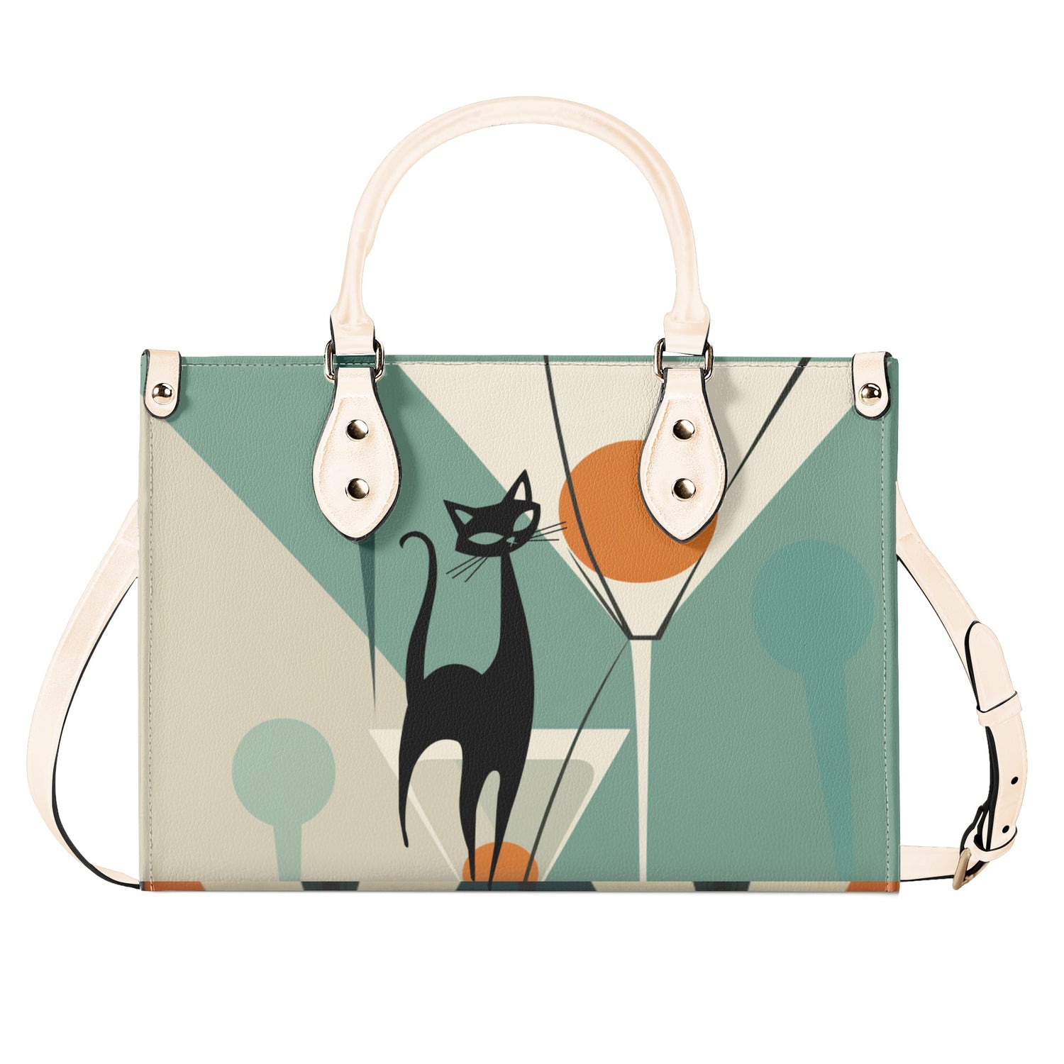 Mid Century Modern Atomic Martini Cat, Kitschy Retro Gal Handbag, Shoulder Bag