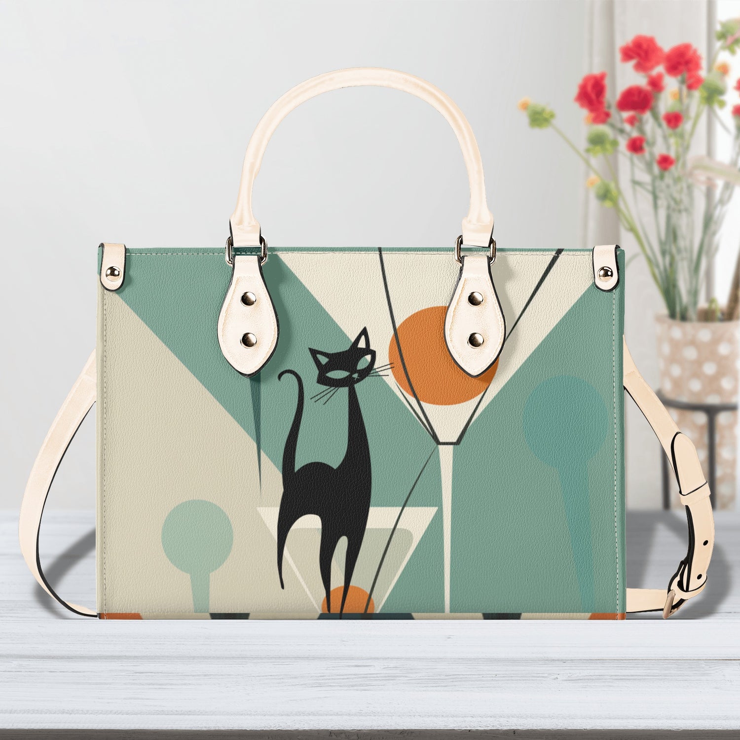 Mid Century Modern Atomic Martini Cat, Kitschy Retro Gal Handbag, Shoulder Bag