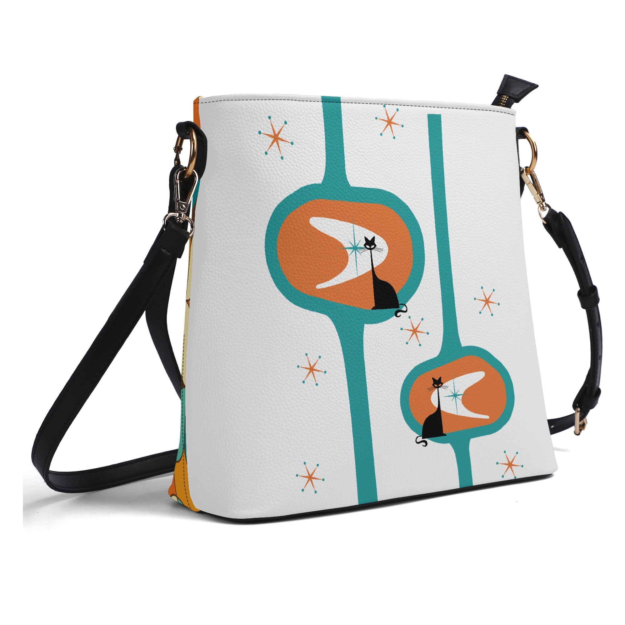 Atomic Cat Bucket Shoulder Bag, Atomic 50s Fashion Bag, Orange, Teal Reversible Design By MCM Gal, Mid Century Mod Kitschy Trendy Purse