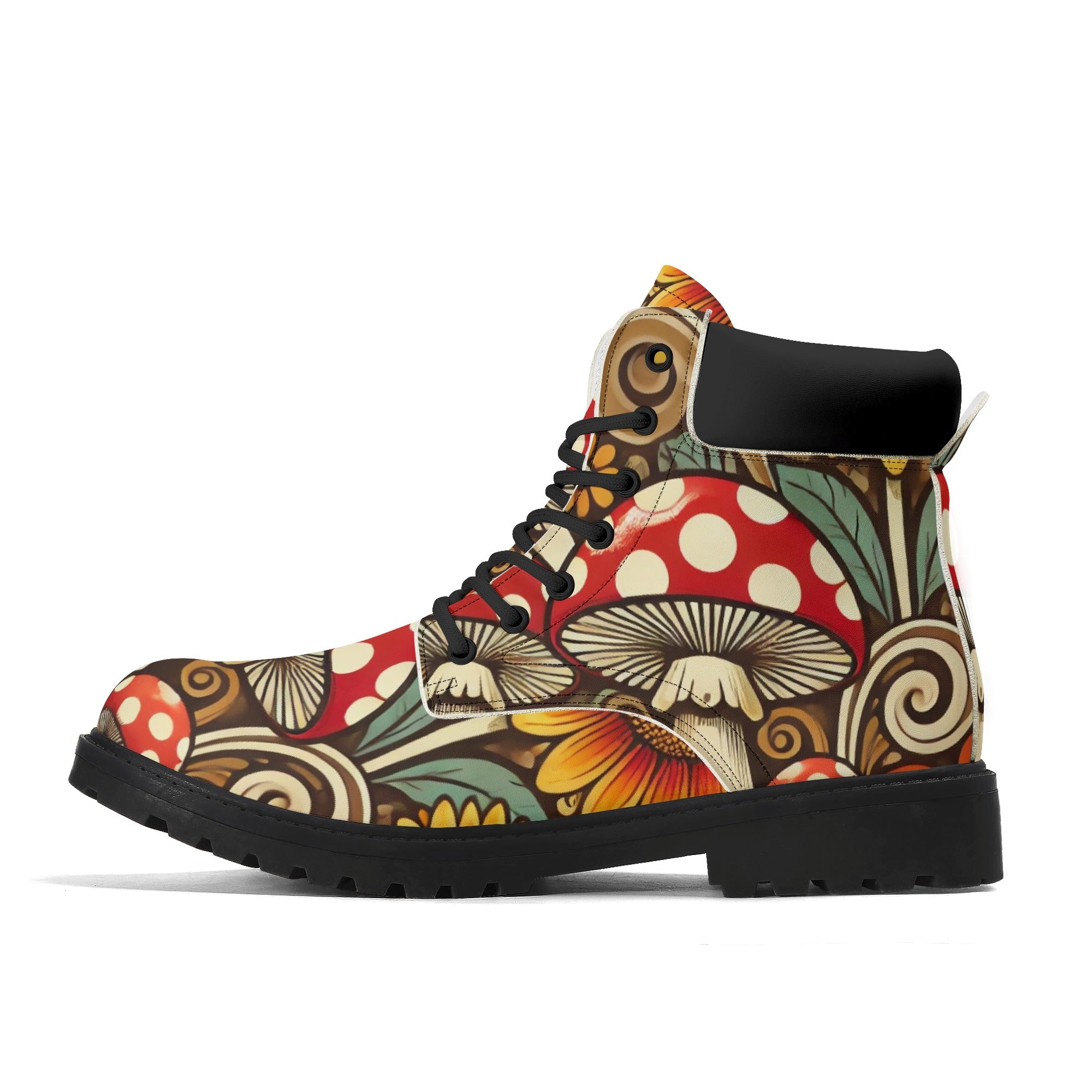 Merry Mushroom Retro 70 Flower Power Groovy Womens Black Outsole Leather All Season Boots - Mid Century Modern Gal