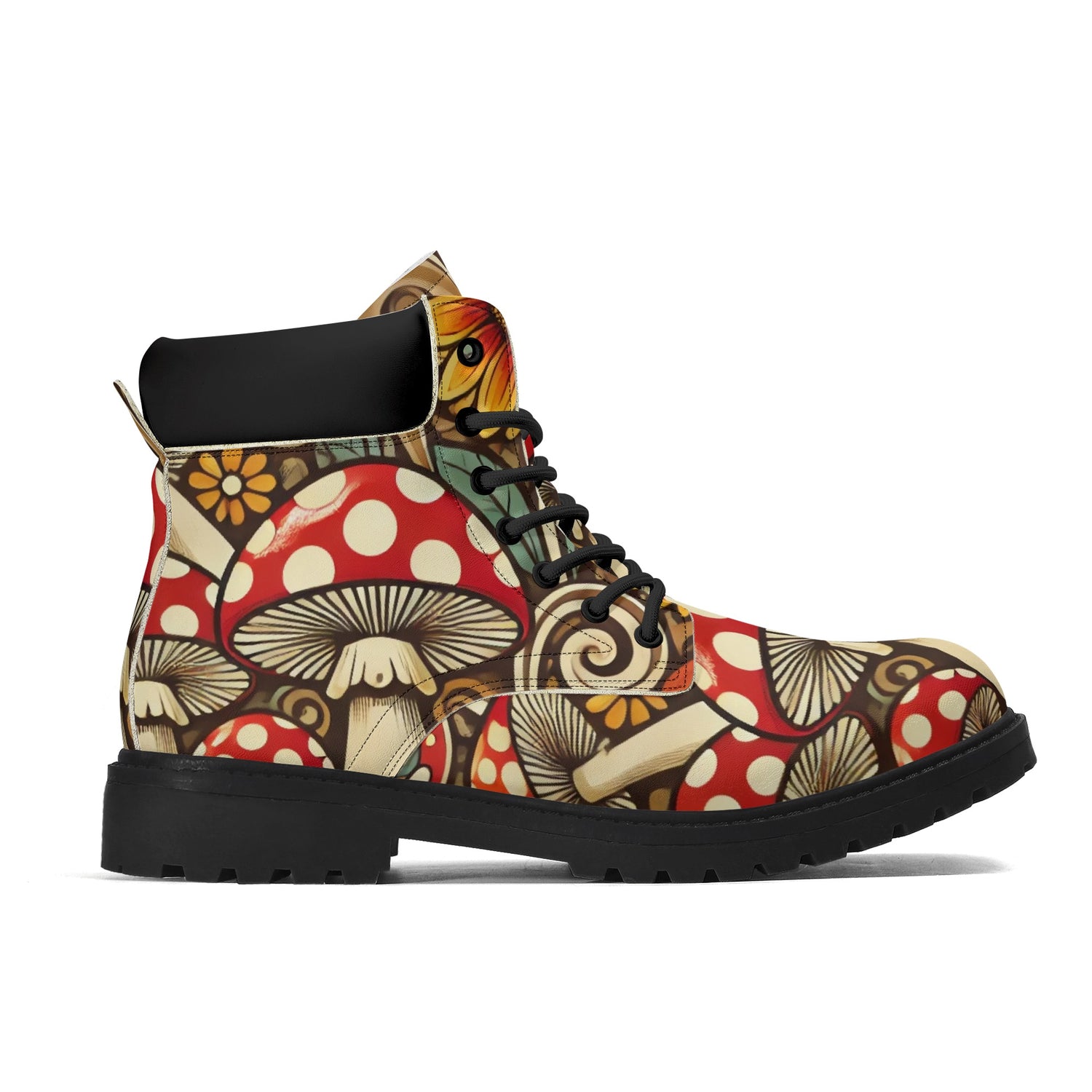 Merry Mushroom Retro 70 Flower Power Groovy Womens Black Outsole Leather All Season Boots - Mid Century Modern Gal