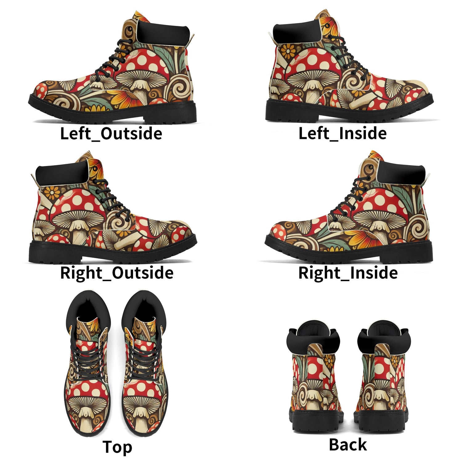 Merry Mushroom Retro 70 Flower Power Groovy Womens Black Outsole Leather All Season Boots - Mid Century Modern Gal